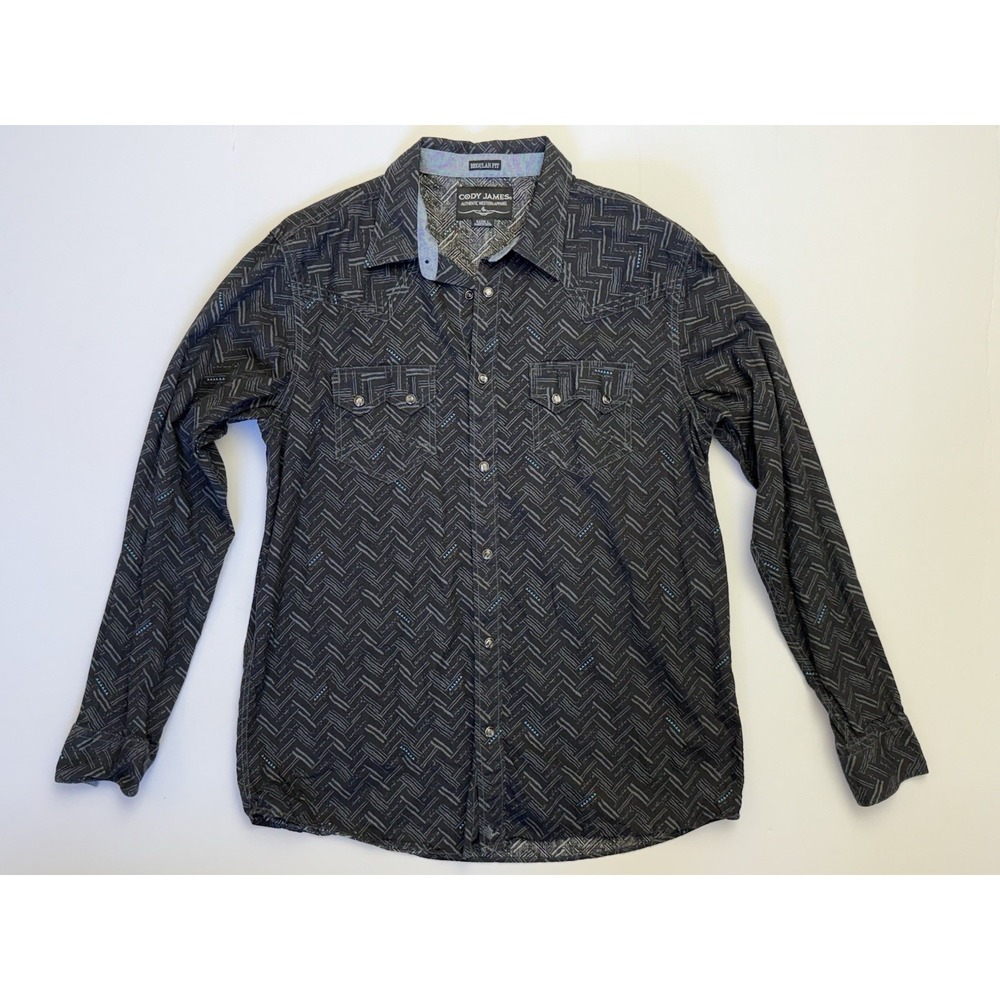 Cody James Mens L Western Pearl Snap Shirt Black Geometric Cotton Regular Fit